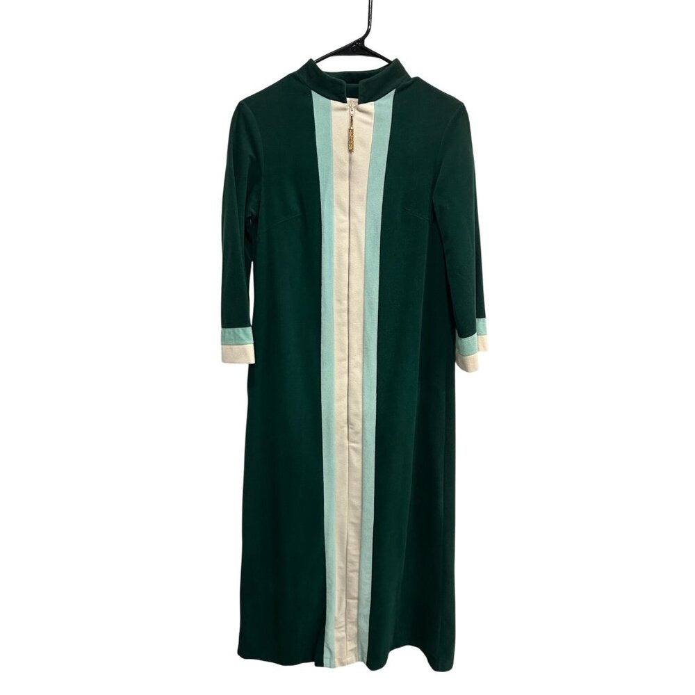 Vintage Sears At Home Wear Zip Front House Coat Green White Colorblock Lounge